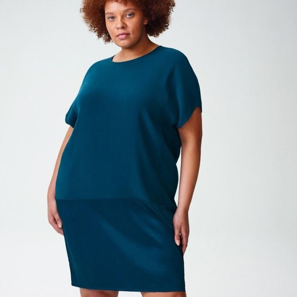 Universal Standard Avenir Teal Blue Satin Shift Midi Dress Size XS